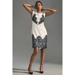 New Anthropologie Ivory Midi Dress with Black Lace Trim size L